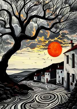 Surreal Village Landscape with Red Sun