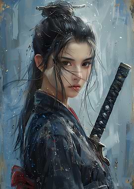 Female Samurai with Katana Painting