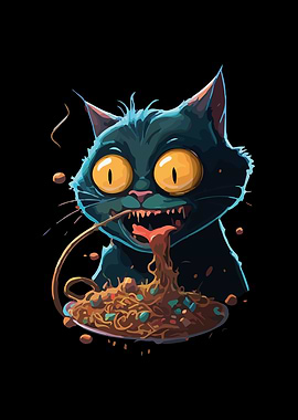 Cartoon Cat Eating Spaghetti