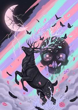 Pastel goth Mystical Deer and Skull Fantasy Art