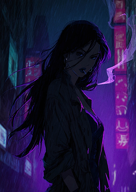 Cyberpunk Girl Smoking in Rainy City