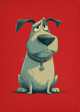 Sad Cartoon Dog on Red Background