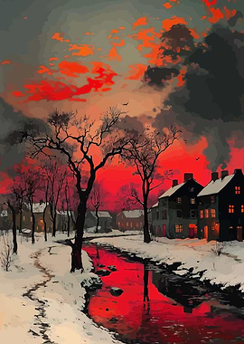 Winter Village at Sunset Painting
