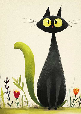 Stylized Black Cat with Green Tail