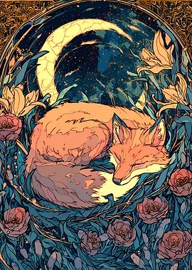 Sleeping Fox Under Crescent Moon Art