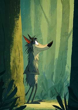 Cartoon Wolf in Forest Illustration