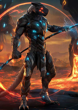 Armored Lizard Warrior in Volcanic Landscape