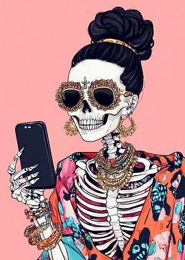 Fashionable Skeleton with Smartphone | Skeleton Selfie Wall Art