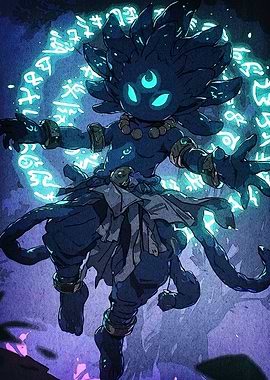 Three-Eyed Figure Glowing Runes
