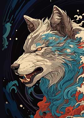 Wolf with Japanese Wave Art
