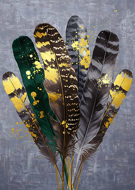 Feathers with Gold Accents on Gray