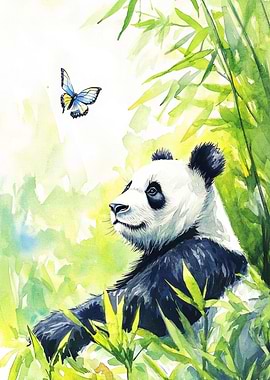 Panda and Butterfly Watercolor Painting