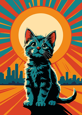 Kitten with Cityscape and Sun