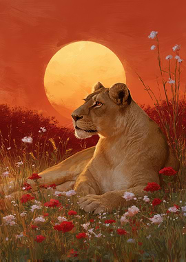 Lioness in a field of flowers