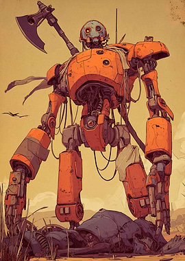 Orange Robot with Axe