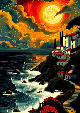 Coastal Village at Sunset