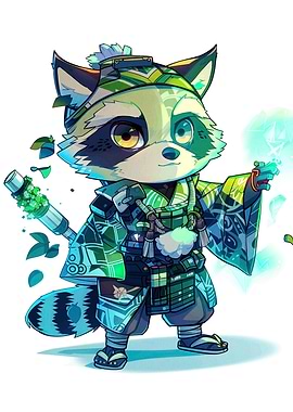 Cartoon Raccoon Samurai with Magic