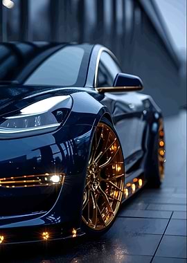 Luxury Blue Car with Golden Rims