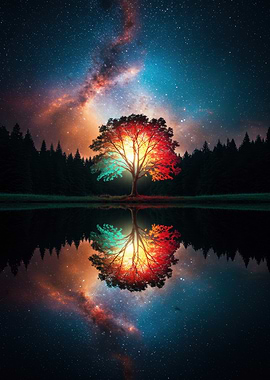 Colorful Tree Reflection Under Starry Sky
