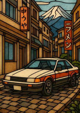 Japanese Street Scene with Car
