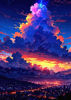 Anime Cityscape with Colorful Clouds