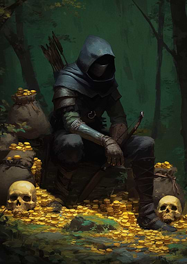Hooded Thief with Gold and Skulls