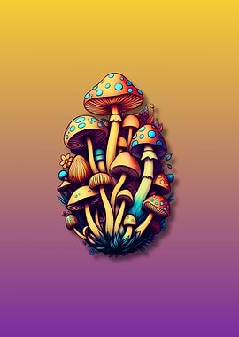 Colorful Mushroom Cluster on Gradient Background