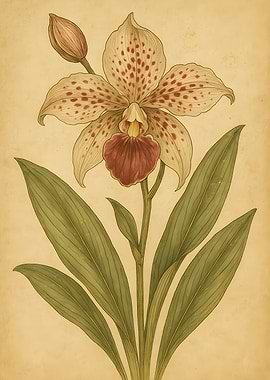 Elegant Vintage Orchid Botanical Illustration Print.