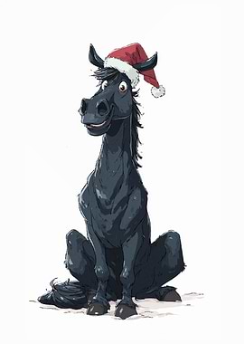 Cartoon Horse with Santa Hat