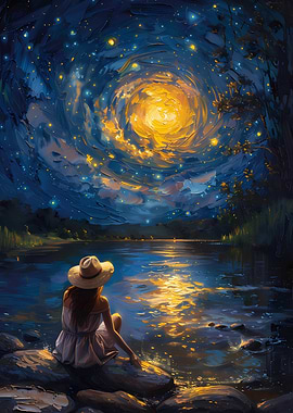 Woman Gazing at Night Sky Painting