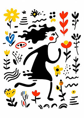 Running Woman with Floral Elements