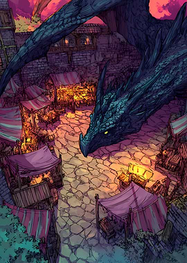 Dragon Overlooking Fantasy Market Town