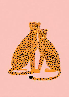 Two Cheetahs Illustration on Pink Background