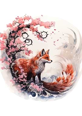 Fox and Cherry Blossoms Watercolor Art