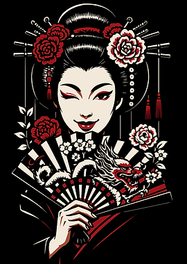Winking Geisha with Dragon Fan