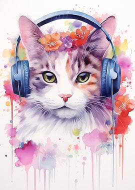 Cat Headphones and Flowers