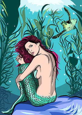 Mermaid in Ocean with Turtle