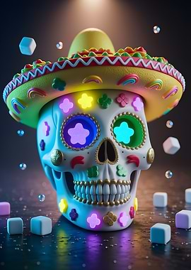 Sugar Skull with Sombrero and Candies