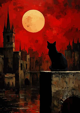 Black Cat Under a Red Moon