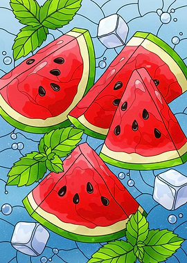 Watermelon Slices with Mint and Ice