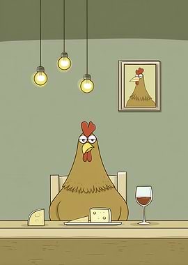 Cartoon Chicken Dinner with Cheese and Wine