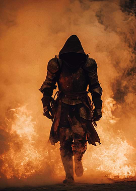 Armored Figure in Fiery Landscape