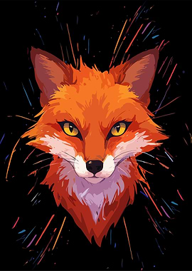 Fox Portrait with Colorful Splatter