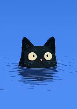 Black Cat Swimming in Blue Water