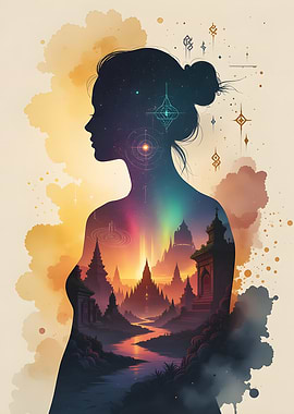 Silhouette with landscape and cosmic elements