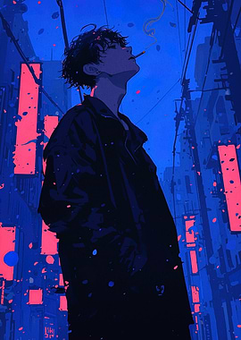 Smoking Man in Blue Cityscape