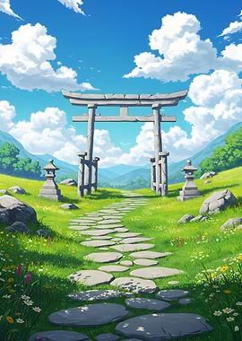 Torii Gate in Grassy Landscape