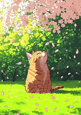 Cat under Cherry Blossoms