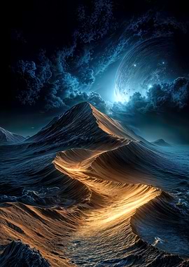 Surreal Mountain Landscape with Celestial Body