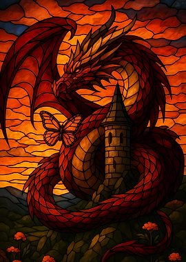 Stained Glass Dragon and Castle